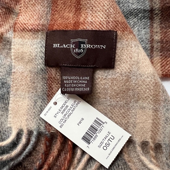 New Black Brown 1826 Rectangle Scarf 100% Wool Brown Tan Grey Plaid Check NWT - Picture 2 of 4
